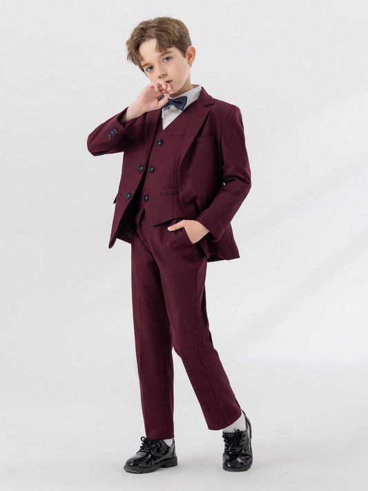 4pcs/Set Young Boy Gentleman Suit Outfit, Includes Jacket, Vest, Pants, Bow Tie, Formal Attire For Christmas And Holiday, Autumn & Winter Burgundy