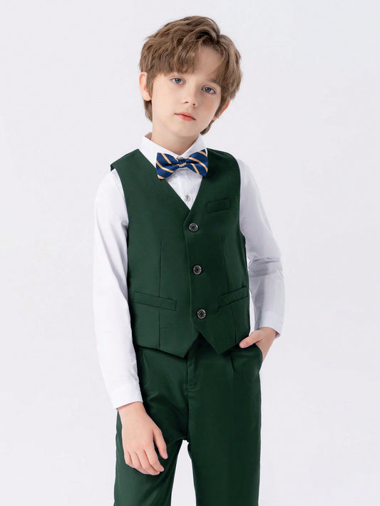 3pcs Christmas Formal Suit Set For Young Boys, Including Blazer, Vest And Pants With Bow Tie, Autumn Green