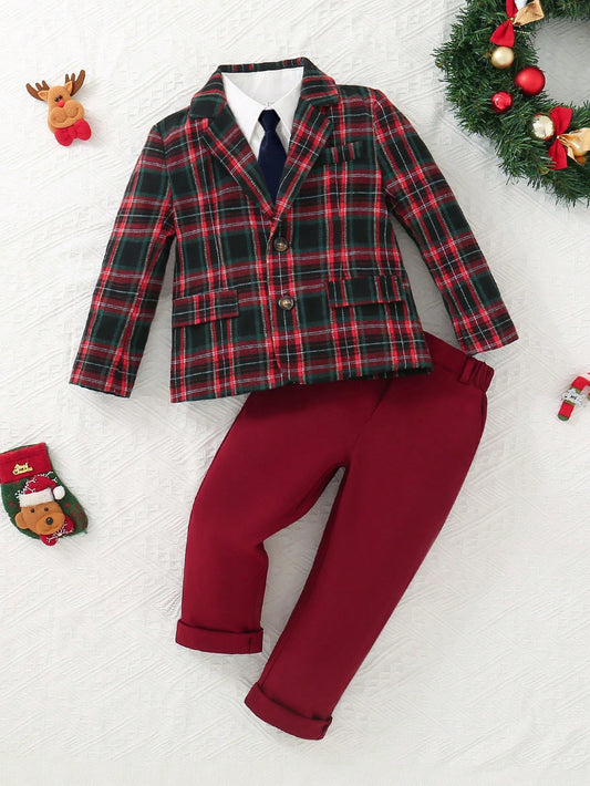 SHEIN 2pcs Young Boy Gentleman's Outfit - Red Plaid Lapel Single-Breasted Blazer And Suit Pants, Paired With Dress Shirt, Suitable For Birthday Party, Evening Event, Wedding, Holiday, For Christmas Multicolor