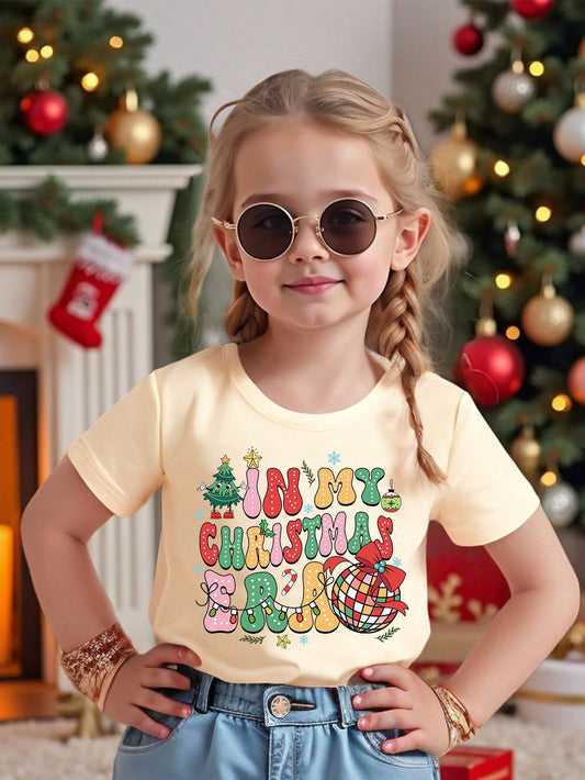 Young Girl' Casual Christmas Tree Colorful Dot & Letter Print Basic Short Sleeve T-Shirt, Suitable For Christmas Party Apricot