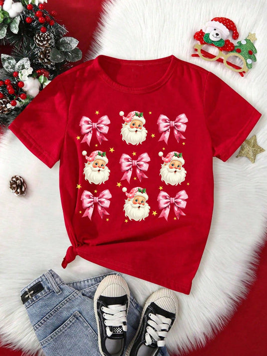 Tween Girl Big Kid Christmas Themed Bow And Santa Claus Print Comfortable Casual Round Neck T-Shirt Red