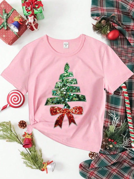 Tween Girl Christmas Teens Casual Fashionable Creative Sequin Bow & Christmas Tree Print Basic Short Sleeve T-Shirt Pink