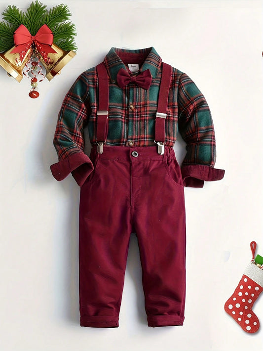 Young Boy Gentleman Outfit: Plaid Long Sleeve Shirt With Bow Tie And Red Overalls, Fashionable Suit For Birthday Party, Formal Event, Wedding, Christmas Party Red