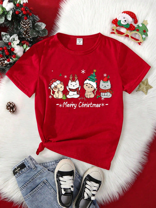 Tween Girl Casual Christmas Elements Snowflake Santa Claus Gift Typography Graphic Tee Shirt Burgundy