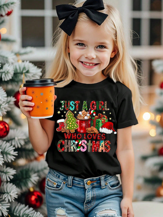 Young Girl Casual Christmas Gift And Letter Print Short Sleeve T-Shirt, Daily Wear Black