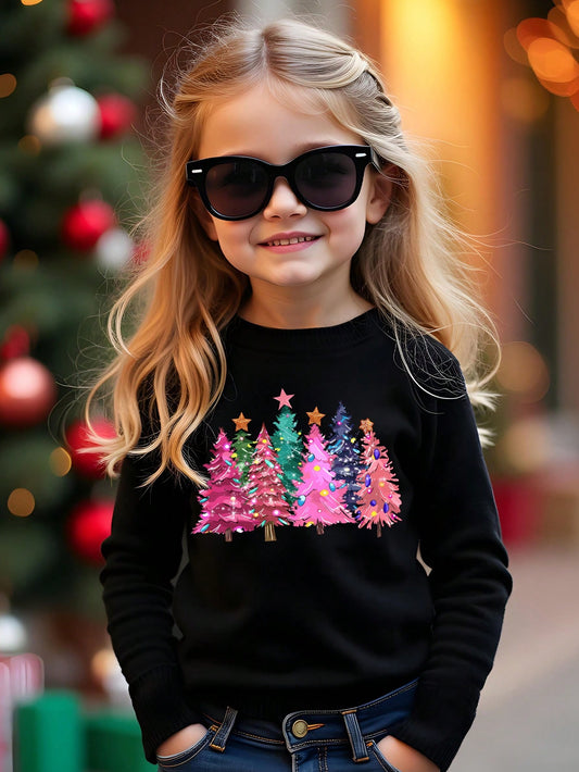 SHEIN 1pc Girl Young Girl Cute Sequins Colorful Christmas Tree Print Fitted Long Sleeve T-Shirt, Suitable For Christmas Party, Girls Black