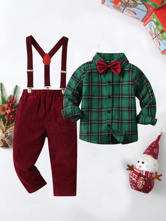 2pcs Young Boys Gentleman Outfit Includes Plaid Long Sleeve Shirt With Bowtie, And Corduroy Overalls Set Suitable For Birthday Party, Wedding, Christmas And Other Formal Occasions Red