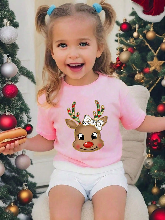 Baby Girl Casual Fashion Comfy Chic Christmas Reindeer Pattern Short Sleeve Tee Pink