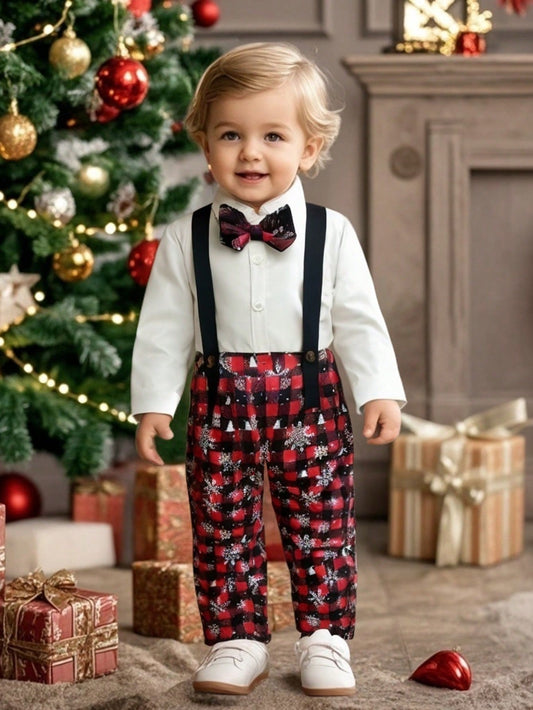 SHEIN Young Boy 3pcs/Set Gentleman Christmas Outfit - White Shirt And Snowflake Printed Overalls, Suitable For 4-6 Years Old, Great Clothes For Holiday Occasions Multicolor