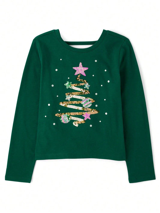 The Children's PLACE Girls Sequin Sparkle Christmas Tree Graphic Top Long Sleeve SPRUCESHAD