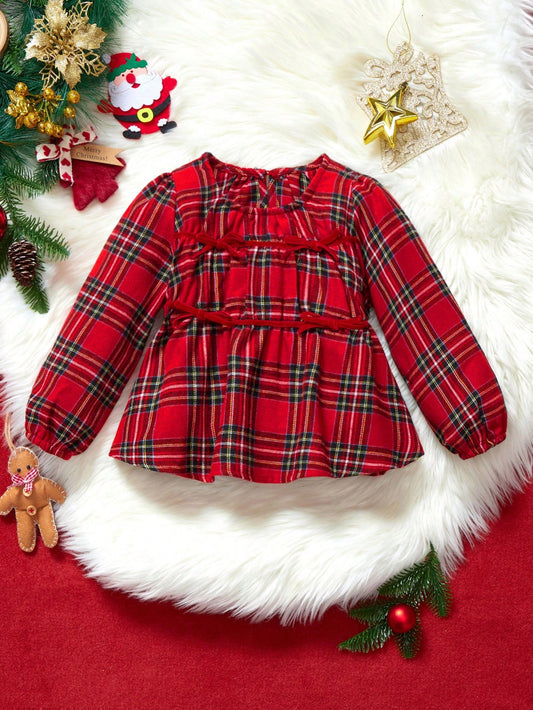 THE HAPPY LOOK Young Girl's Christmas Red & Green Plaid Bow Decor Round Neck Loose Pullover Sweatshirt, Casual & Fashionable, Long Sleeves, Autumn/Winter Red