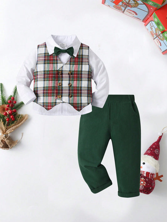 3pcs Young Boys Gentleman Set: Long Sleeve White Shirt With Bow Tie, Vest And Trousers, Fashionable And Stylish For Birthday, Christmas Party, Ceremony, Wedding, Baptism, 1st Birthday Green