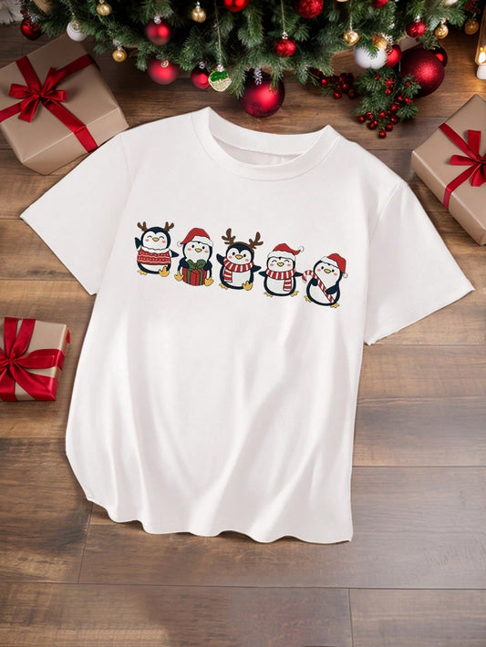 SHEIN Tween Girls Casual Christmas Penguin Print Short Sleeve T-Shirt White