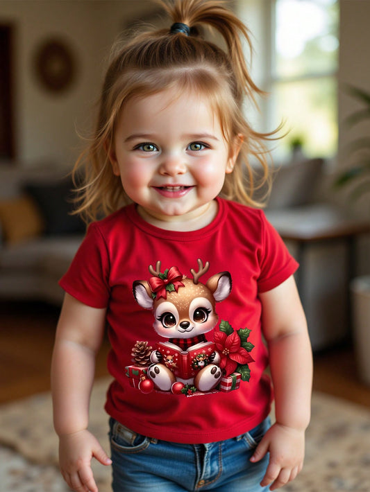 Toddler Girls Casual Cute Christmas Deer Print Short Sleeve T-Shirt, Suitable For Christmas And Spring/Summer Red